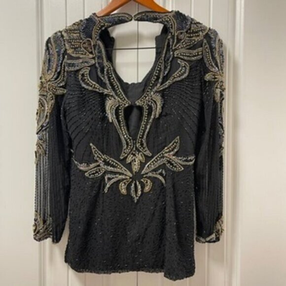 Vintage Tan-Chho Beaded Sequin Pure Silk Top Black Gold – M - Picture 4 of 15